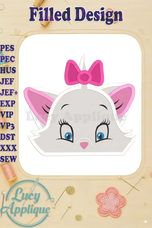 Adorable Marie's face from Disney's The Aristocats, a filled machine embroidery design with pink bow and ears, ready to be stitched. Perfect for apparel or home decor!