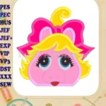 Miss Piggy Muppet Baby Head 01 Applique Embroidery Design - Instant Download