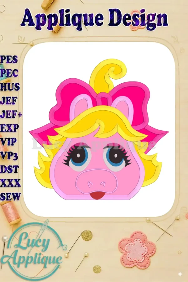 Applique embroidery design of Miss Piggy's head, showcasing vibrant pink and yellow colors, with a pink bow. Perfect for adding a Muppet touch to your creations.