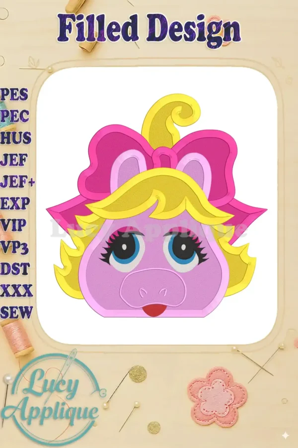 Embroidery design of Miss Piggy's baby head, featuring a filled stitch style and a pink bow. Perfect for applique projects and adding Muppet magic!