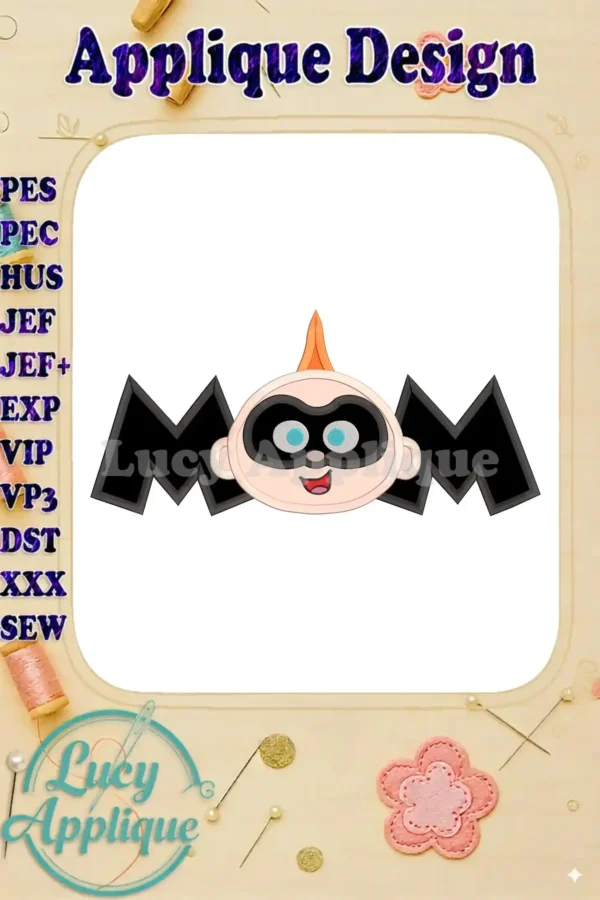 Incredibles Mom applique embroidery design, showcasing a cute Mom character with black bat-like wings and a bright, cheerful expression. Ready-to-stitch digital file.