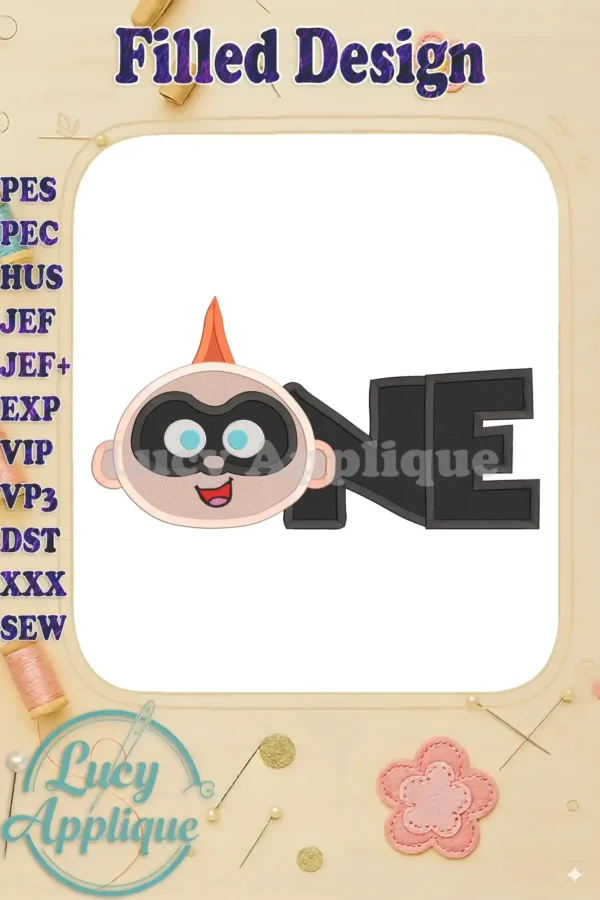 Embroidery design of Jack-Jack Parr from The Incredibles. The design shows Jack-Jack's face next to the number ONE, in black and orange.