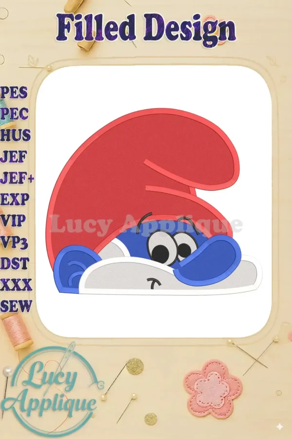 Embroidery design of Papa Smurf's head, a filled stitch design in red, white, and blue. The design is shown on a cream background with decorative elements.
