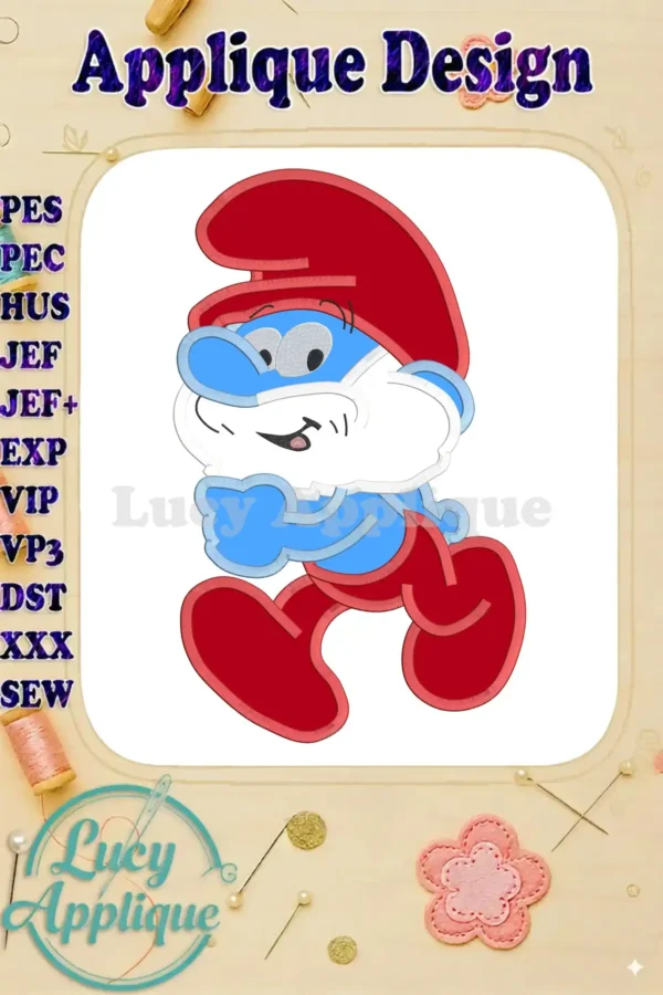 Papa Smurf applique embroidery design in red and blue, walking pose. Includes various machine embroidery formats like PES, JEF, HUS, VIP, etc. Perfect for adding a touch of Smurf magic to your projects.