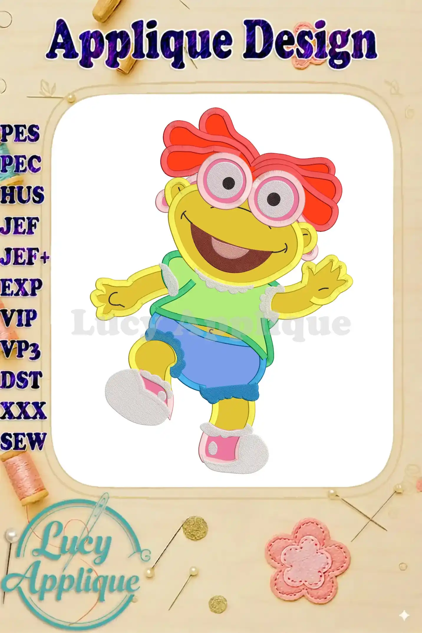 Adorable Skeeter Muppet Babies applique design. The image showcases a colorful, cartoon-style Skeeter ready to be stitched. Perfect for kids' projects!