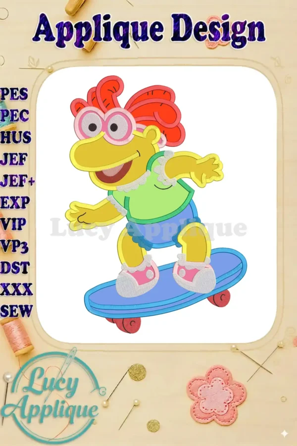 Skeeter from Muppet Babies skateboarding applique design in multiple formats like PES, HUS, JEF, JEF