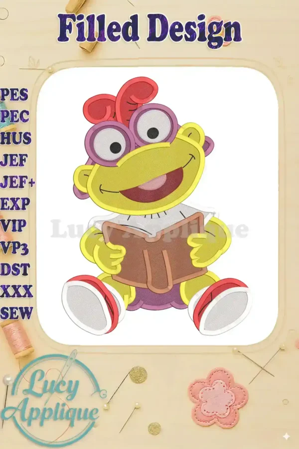 Adorable Skeeter from Muppet Babies, sitting and reading a book, in a filled embroidery design. This colorful image showcases the finished product.