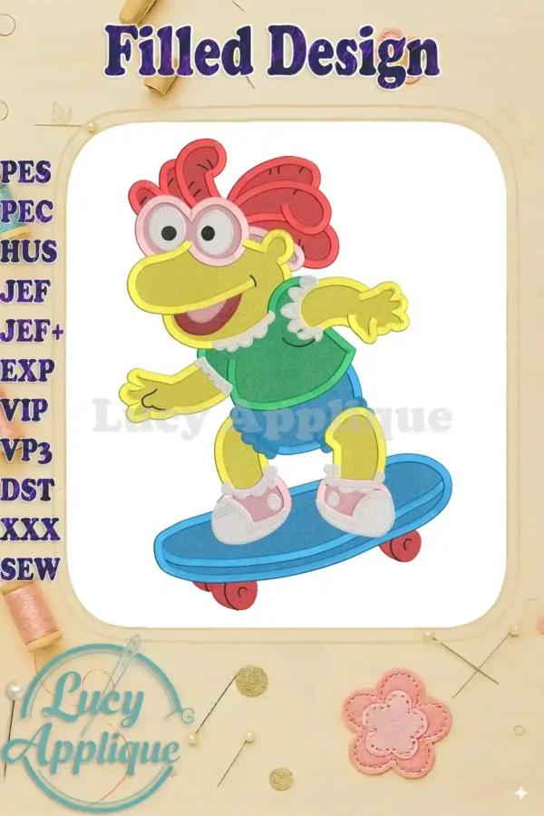Adorable Skeeter Muppet Baby on a skateboard, filled embroidery design. Vibrant colors and detailed stitching. Perfect for adding a fun touch to any project.