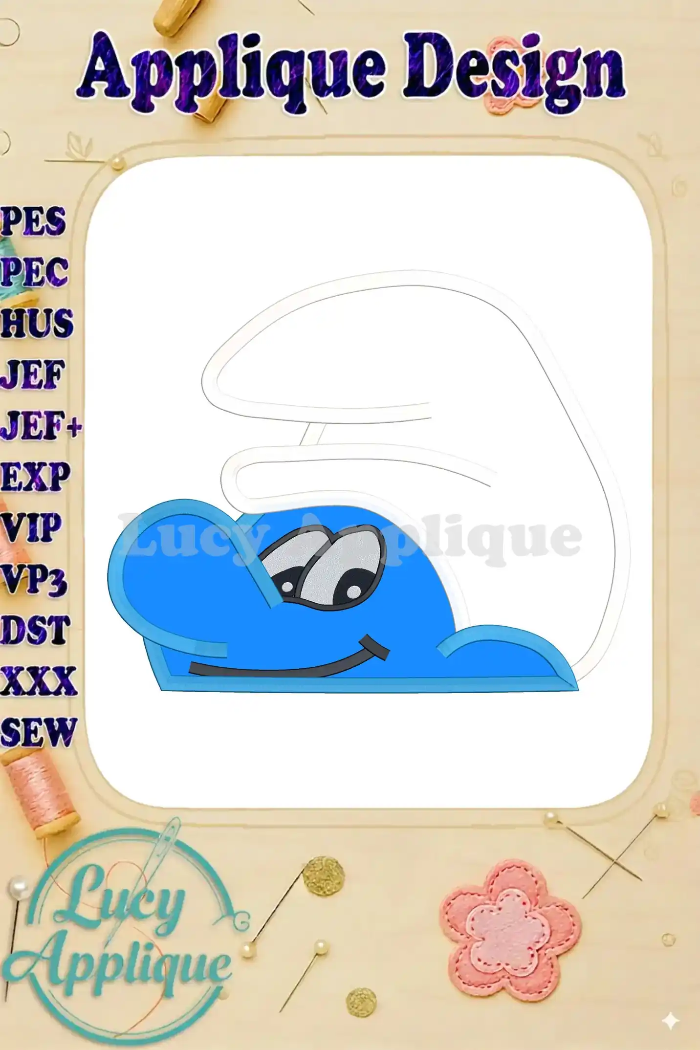 Smurf head applique embroidery design, showcasing a charming blue Smurf face, ready to be stitched. Includes various file formats.