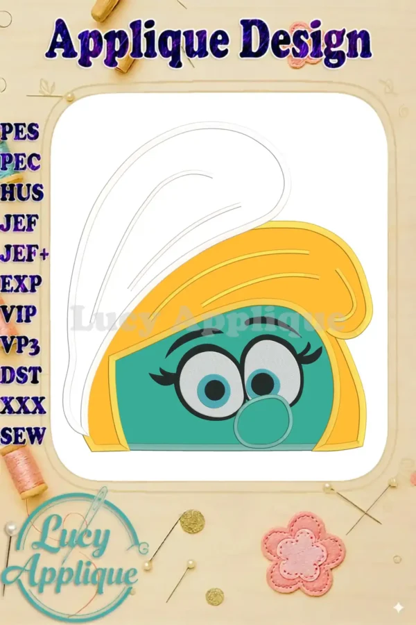 A charming applique embroidery design of Smurfette's head, featuring her signature blonde hair, big eyes, and sweet expression. The design is shown in multiple embroidery file formats.