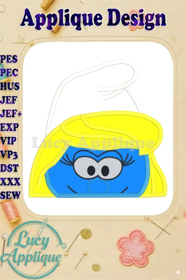Main image showcasing the Smurfette applique embroidery design, featuring a cute Smurfette face on a yellow handbag. The design is shown in various file formats for different embroidery machines.
