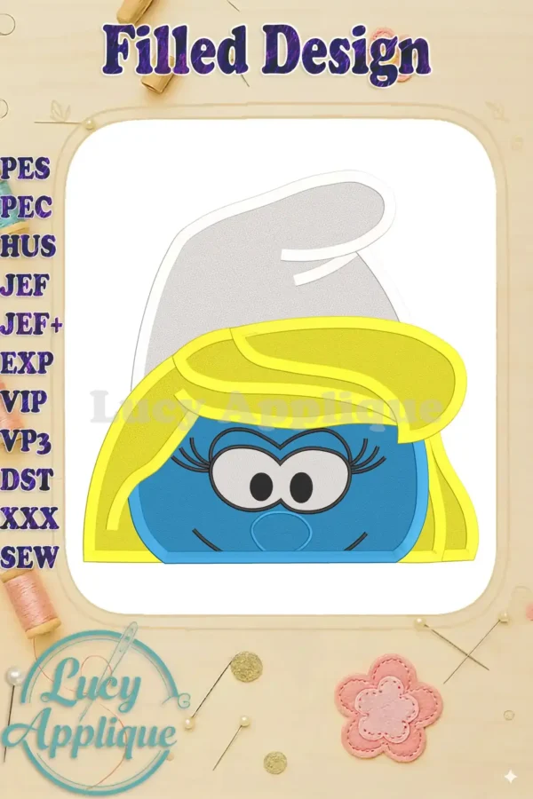 A charming filled embroidery design of Smurfette's head, featuring her signature blonde hair and blue skin. The design is shown on a light wood background with a cute watermark.