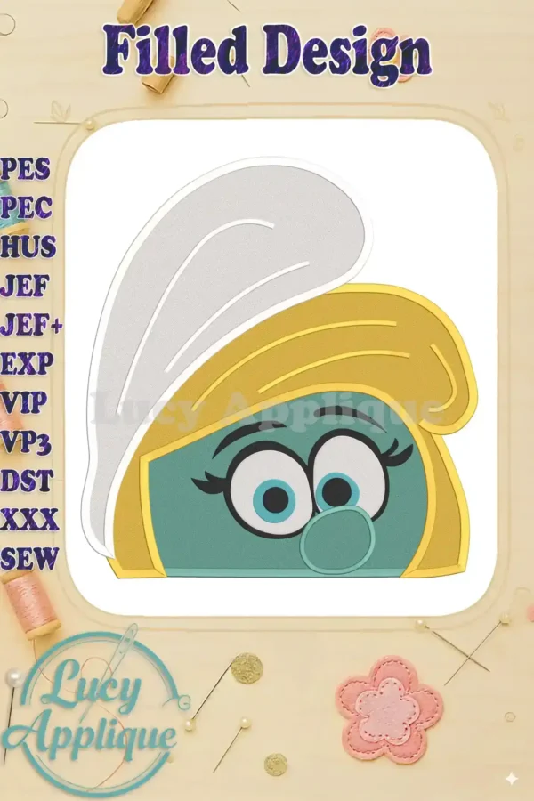 Main image showcasing a filled machine embroidery design of Smurfette's head, featuring yellow hair and a light blue face. Various file formats are listed.