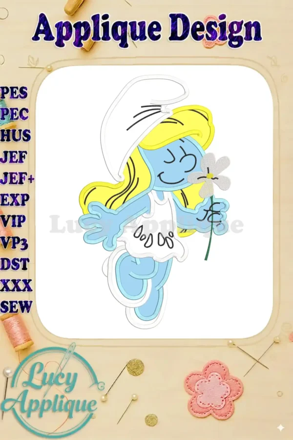Embroidery design of Smurfette, a Smurf character, holding a daisy. The design is presented on a white background with various embroidery file format options listed.