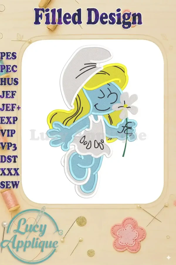 Main image: Smurfette embroidery design, filled stitch, light blue dress, flower, whimsical character, applique, detailed, high-quality design, ready-to-download pattern.