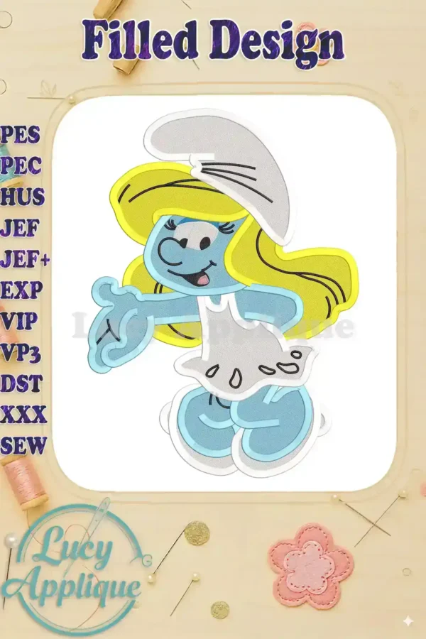 Embroidery design of Smurfette, showcasing filled stitch technique. Perfect for adding a touch of whimsy to your projects!