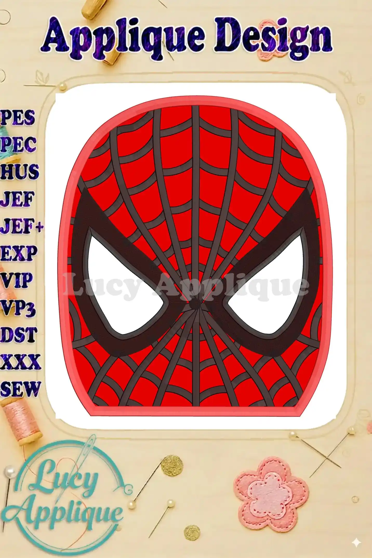 Spider-Man applique embroidery design showcasing a detailed red and black mask design, suitable for various sewing machine formats.