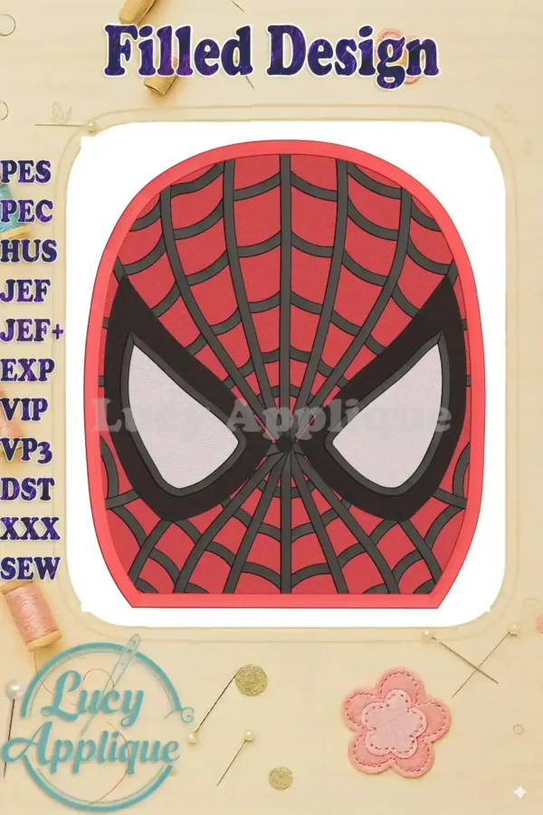 A detailed close-up of the Spider-Man filled machine embroidery design, showcasing the intricate stitching and vibrant red and black colors. Perfect for adding a superhero touch to your projects!