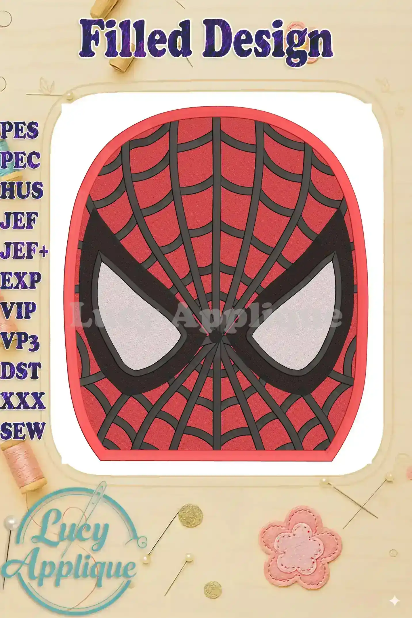 A detailed close-up of the Spider-Man filled machine embroidery design, showcasing the intricate stitching and vibrant red and black colors. Perfect for adding a superhero touch to your projects!