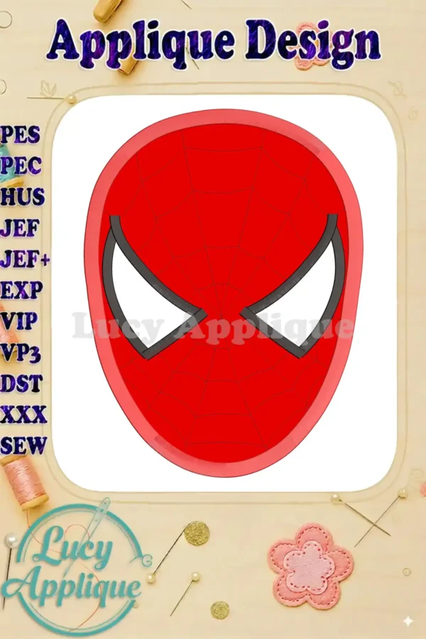 Spider-Man head applique embroidery design. The main image showcases a detailed, colorful applique of Spider-Man's face, ready to be stitched.