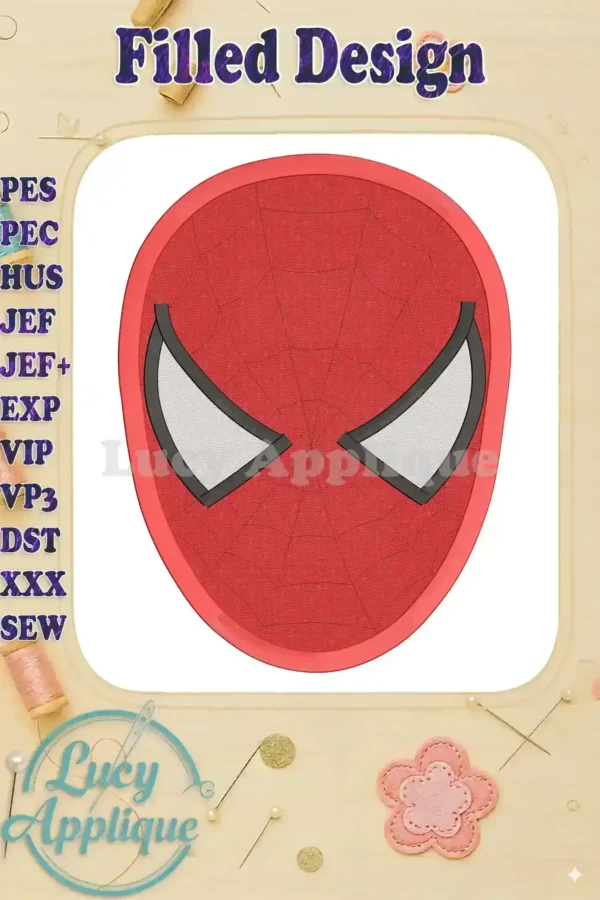 A vibrant filled embroidery design of Spider-Man's head, showcasing intricate details and stitch work. Perfect for patches or apparel.