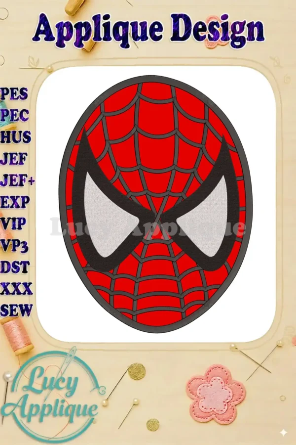 A detailed close-up of a Spiderman head applique embroidery design, showcasing the intricate web pattern and vibrant red and black colors. Perfect for adding a superhero touch to any project.