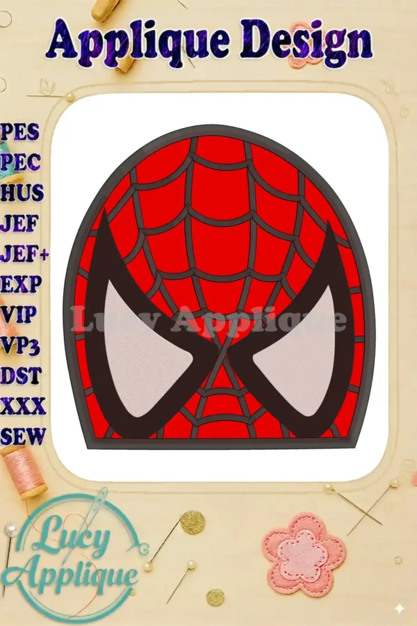 Spiderman head applique embroidery design in red and black, showcasing the finished product. Several embroidery formats are listed. Perfect for adding a superhero touch to your projects!