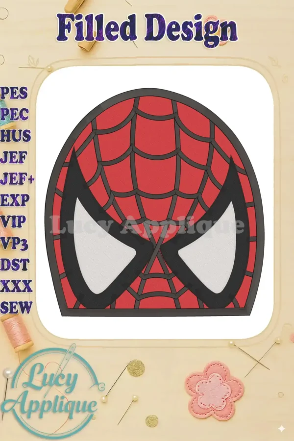Main image showcasing a filled Spiderman head embroidery design. Red and black color scheme, web details, and simple, appealing style.