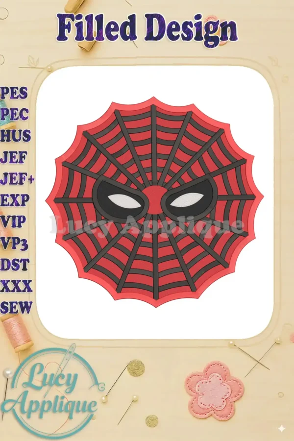 A close-up view of a vibrant Spiderman web design, showcasing filled red and black stitching on a white background. Perfect for machine embroidery.