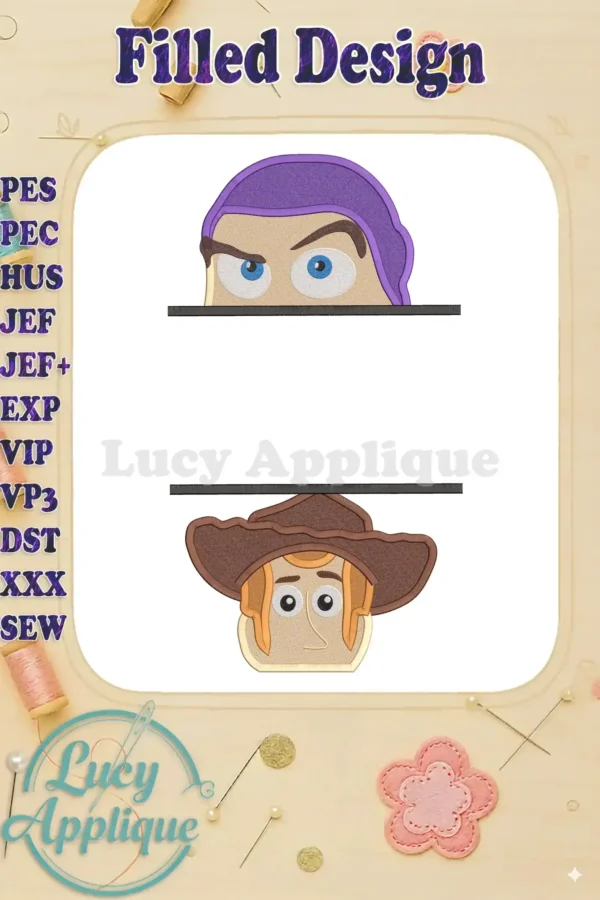 Main image showcasing filled embroidery designs of Buzz Lightyear and Woody from Toy Story, ready to be stitched. Features a split design with space for text.