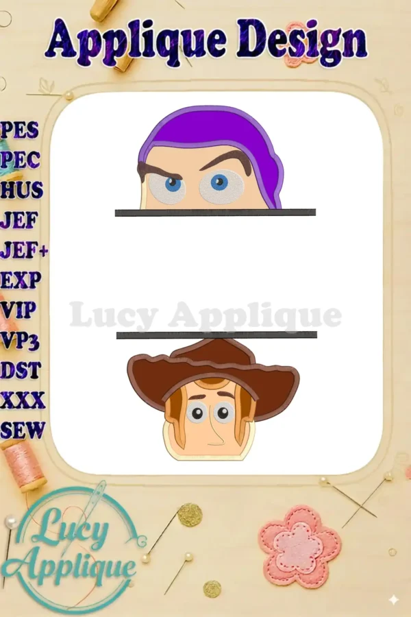 Applique embroidery design featuring Buzz Lightyear and Sheriff Woody from Toy Story. The design showcases both characters' faces peeking over a customizable banner.