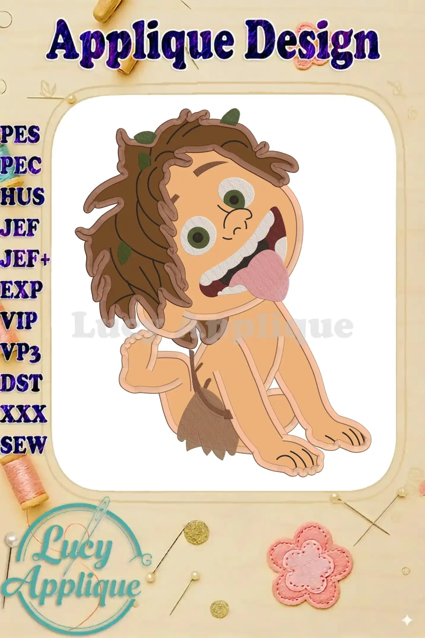 Adorable applique design of Spot, the Good Dinosaur, ready to be stitched. The design showcases Spot's playful expression and features detailed stitching.