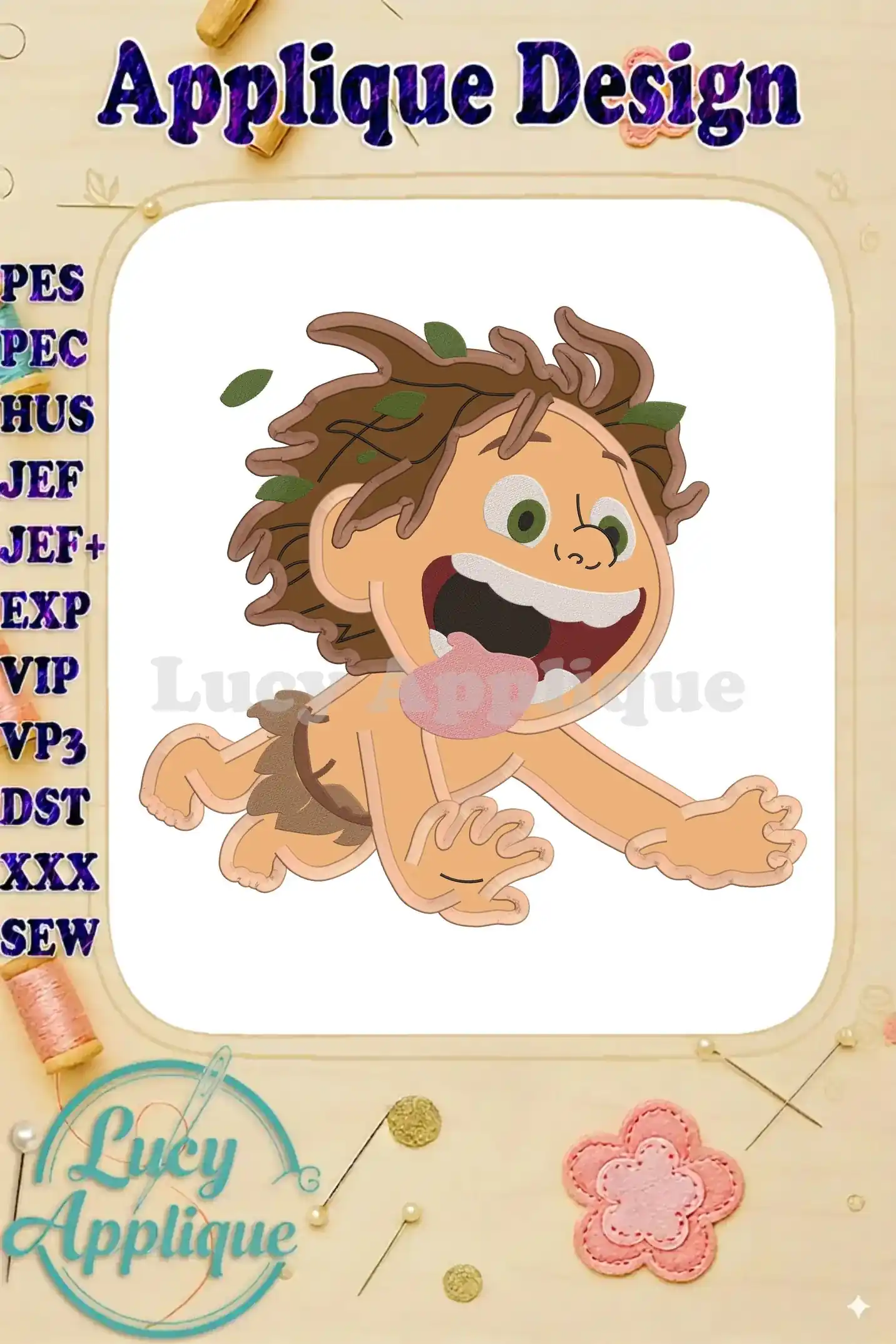 Embroidery design of Spot from The Good Dinosaur, shown as an applique. The design is ready to be stitched. The image shows the finished design.