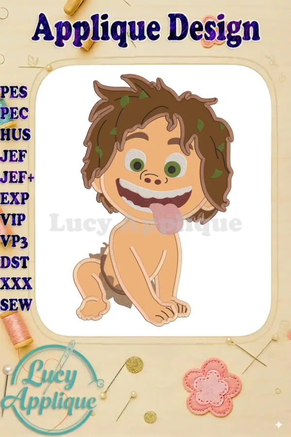 Adorable Spot the Good Dinosaur applique design, ready to be stitched. The design showcases Spot in a sitting pose, with detailed features and vibrant colors.