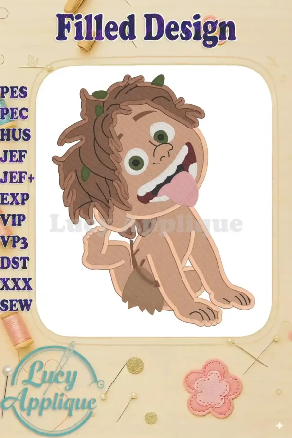 Embroidery design of Spot, the Good Dinosaur, in a playful pose with his tongue sticking out. The design is filled and ready to stitch.