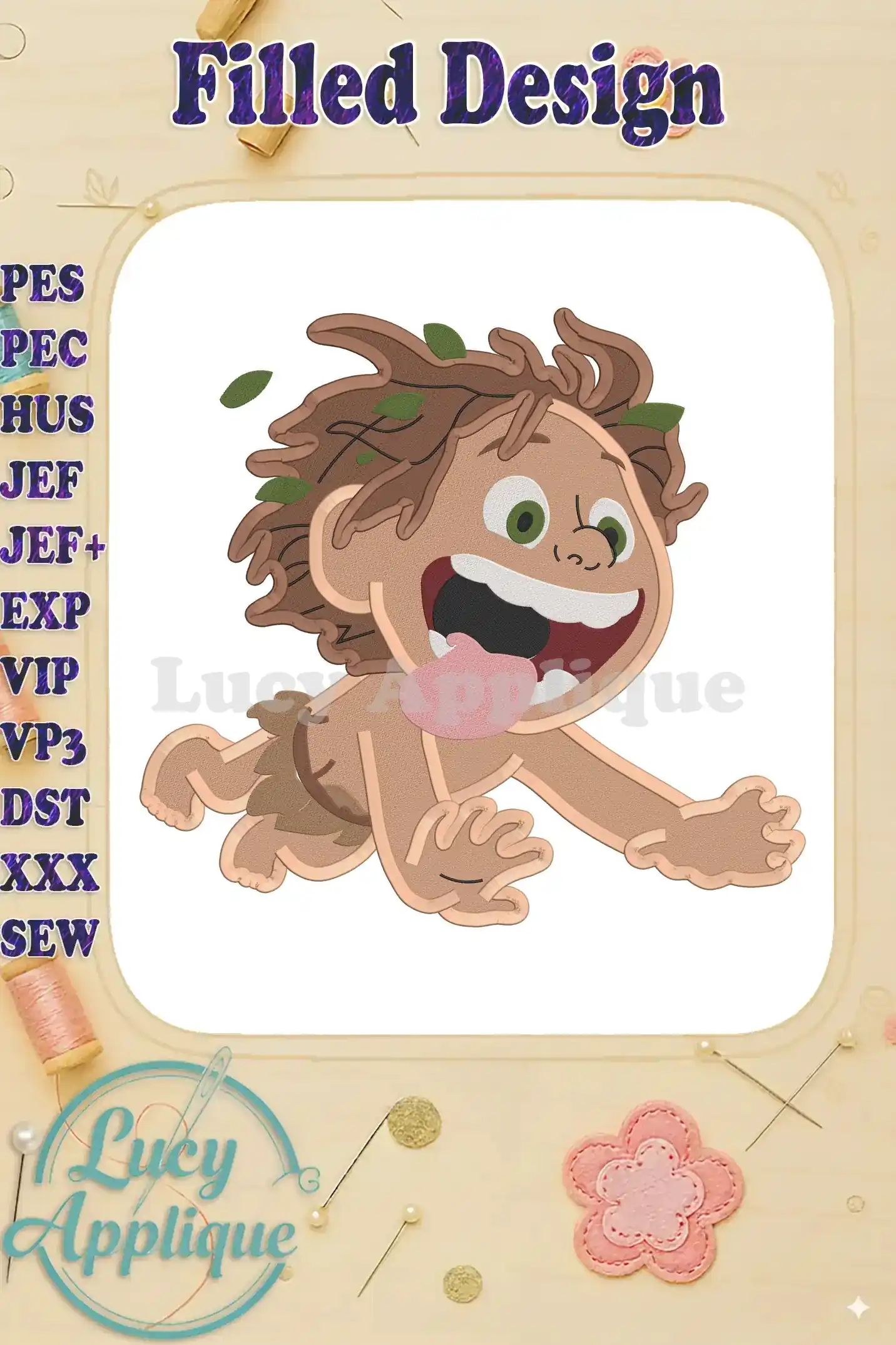 Embroidery design of Spot from The Good Dinosaur, showcasing a filled stitch style. The design is vibrant and detailed, perfect for adding a cute, prehistoric touch to your projects.