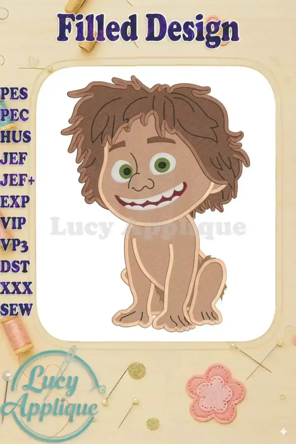 Embroidery design of Spot, the Good Dinosaur, sitting. The design is filled and features a detailed depiction of the character from the movie.