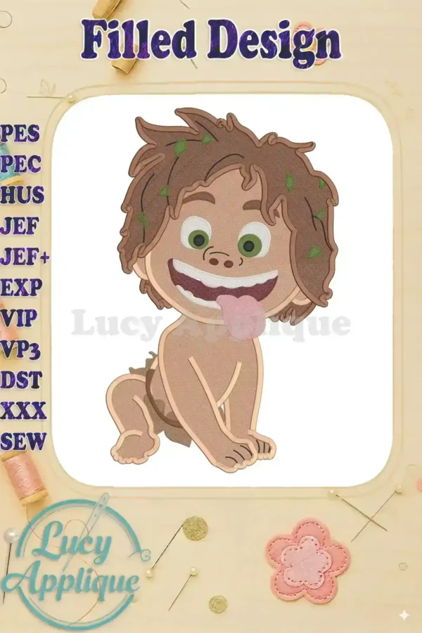 Embroidery design of Spot, the Good Dinosaur, in a filled stitch style. The design shows Spot in a playful pose, with his tongue sticking out.