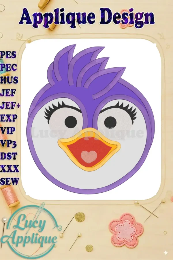 Applique embroidery design of a Summer Penguin Muppet baby's head. Purple and white color scheme. Features large eyes and a sweet expression. Perfect for baby items.