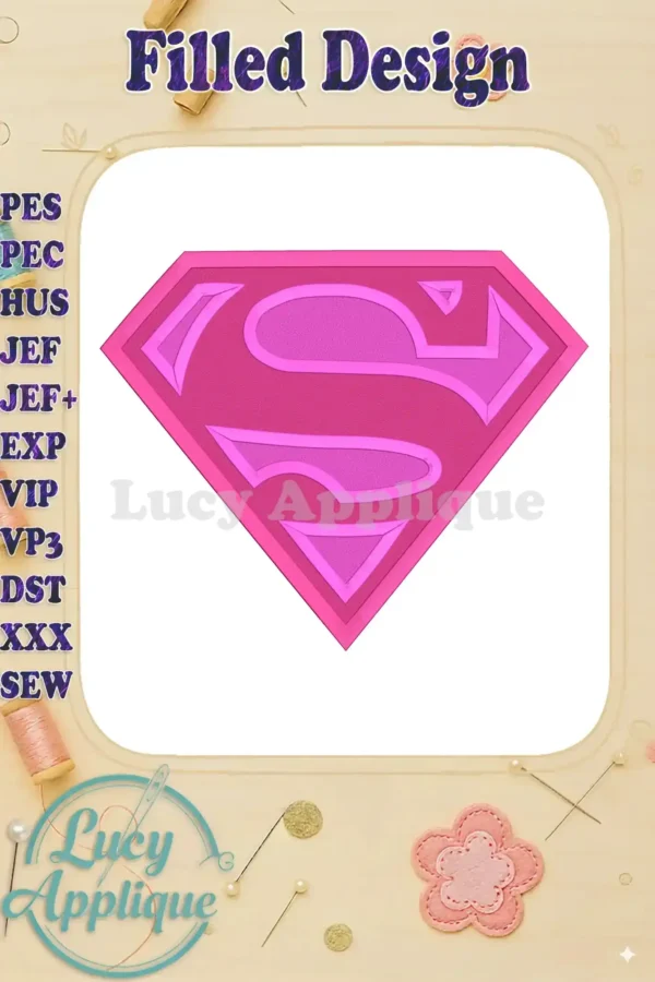 A vibrant pink Supergirl logo, filled embroidery design, ready to be stitched. The design is shown on a white background with various file format options listed.