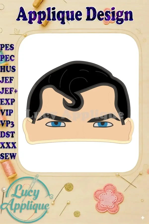 Superman head applique embroidery design. This image showcases the finished design, perfect for adding a superhero touch to your projects. Download now!
