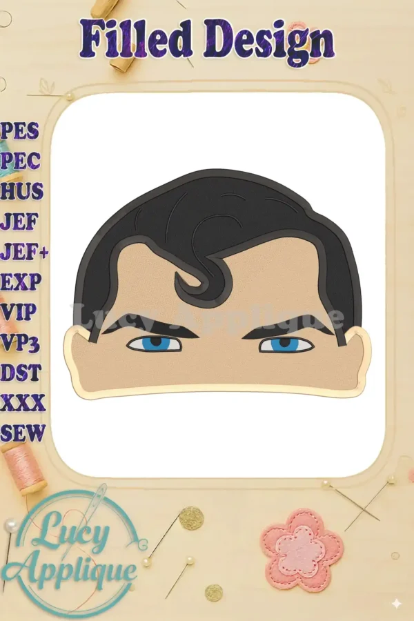 A detailed close-up of a vibrant Superman head embroidery design, showcasing its intricate details and filled stitches.