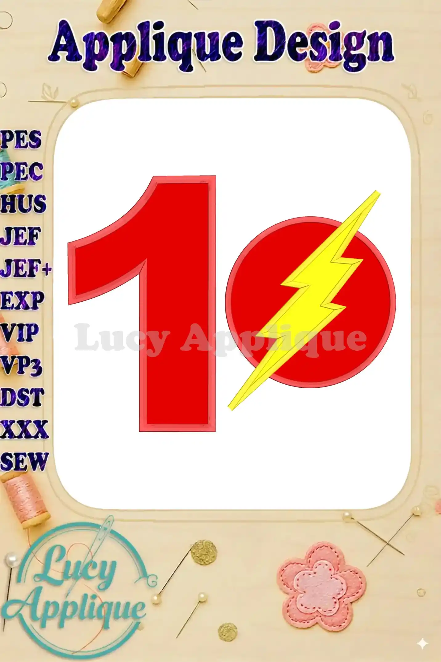 Embroidery design showcasing a large red number 1 with The Flash's lightning bolt symbol. Applique design with various file formats.