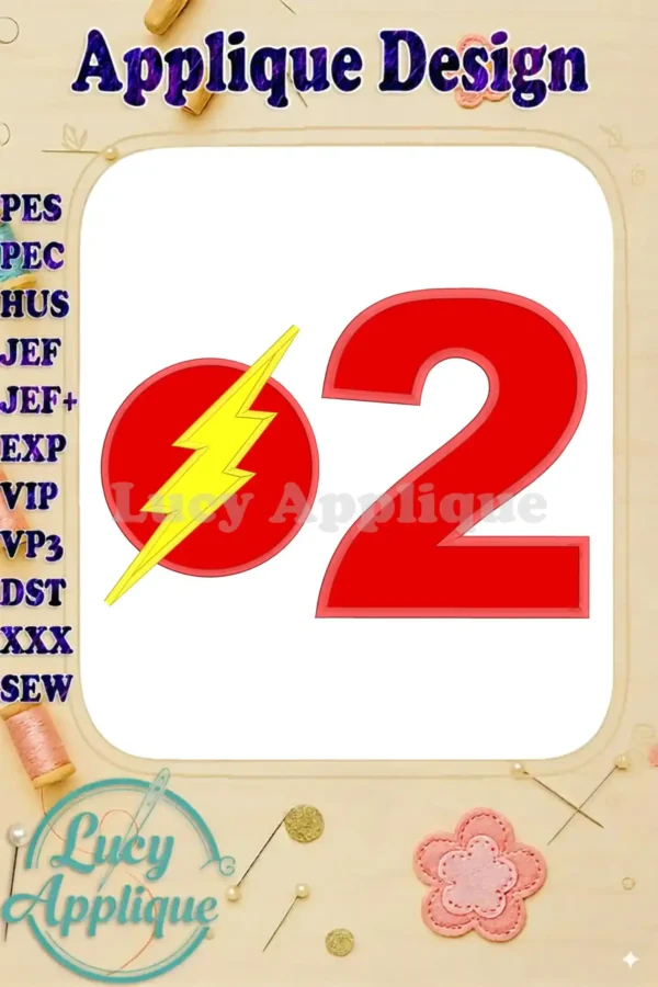 A vibrant applique design featuring the Flash symbol and the number 2, perfect for a birthday celebration. The design is ready to be embroidered.