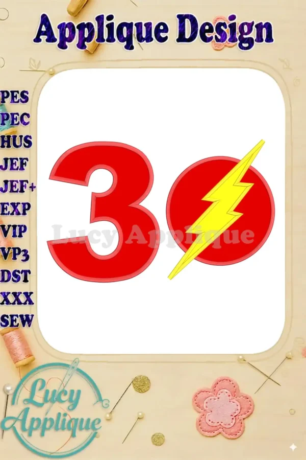 Embroidery design featuring The Flash logo and number 30, perfect for a birthday celebration. The design is in red and yellow, with clean lines and bold shapes.