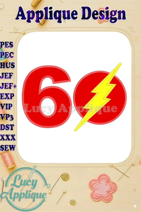 The Flash Birthday Number 6 Applique Design. A vibrant red number 6 with The Flash's lightning bolt symbol. Perfect for applique embroidery projects.