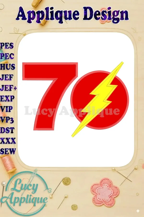 A vibrant applique design featuring the number 7 and The Flash's lightning bolt symbol, ready to be stitched onto a garment or item for a birthday celebration.