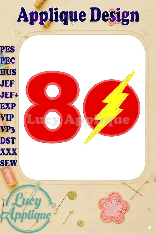 Applique design showcasing The Flash's lightning bolt symbol beside a large number 8, ideal for an 8th birthday celebration. Multiple file formats included.