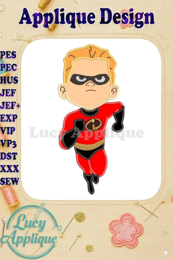 Embroidery design of Dash from The Incredibles, running in his superhero suit. The design is presented on a white background, surrounded by decorative elements.