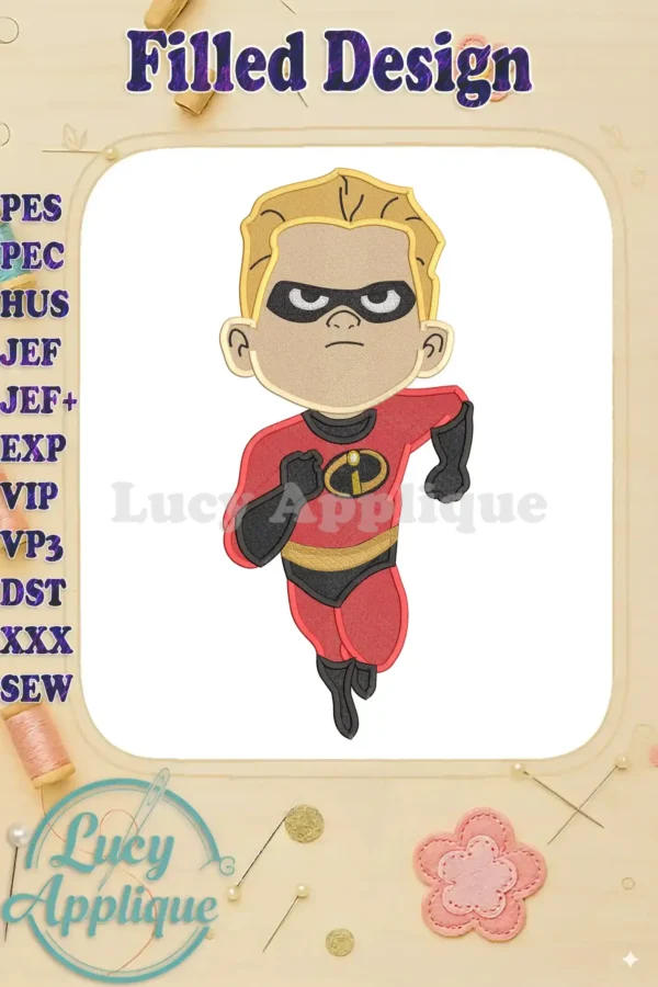 Embroidery design of Dash from The Incredibles, running, in filled stitch. The design is presented on a white background with various file format options listed.